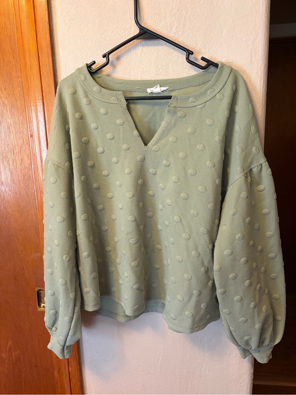 Blu Pepper Sage Green Textured Dot V‑Neck Pullover